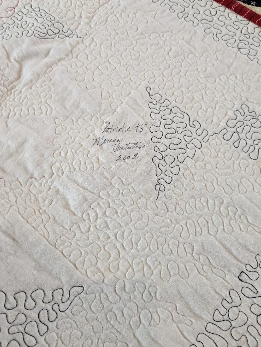Patriotic Themed Quilt, Reds, Blues And Off-white Fabrics. Quilted And Signed